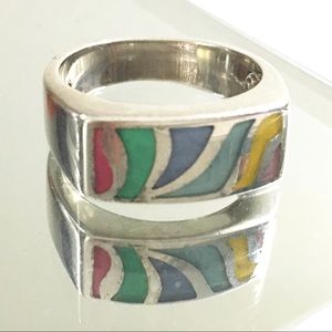 Sterling  Multi Color Inlay Band Ring Size 7.5